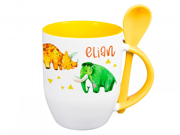 Tasse mit Löffel Name personalisiert mit Dinos