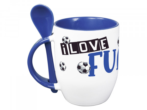 Tasse mit Löffel im Henkel, personalisiert mit Namen für Jungen, Fußball