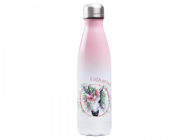 Thermosflasche rosa mit Wunschname - Einhorn Pferd