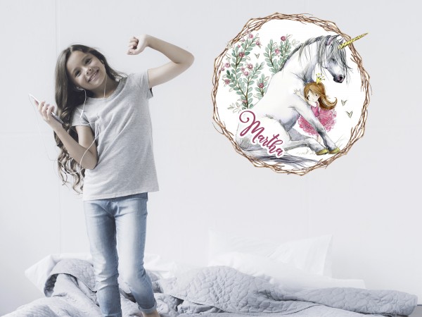 Wandtattoo Einhorn und Prinzessin mit Namen