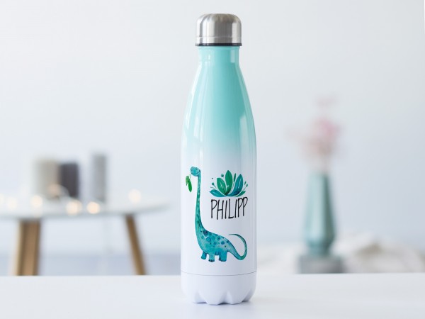 Trinkflasche mintgrün mit Wunschname - Dinosaurier Brachiosaurus