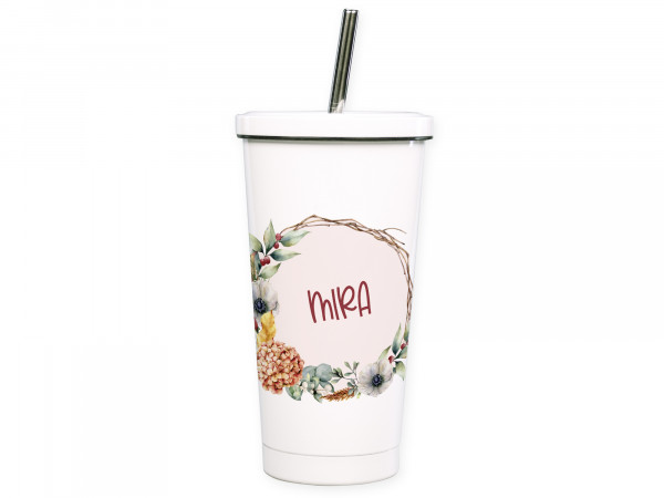 Cocktailbecher To go Becher Trinkbecher mit Trinkhalm, Edelstahl, personalisiert Name Wunschname, Blumen Eukalyptus Kranz, Frau Mädchen, Geschenk Idee, Freizeit Büro