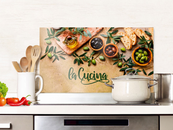Spritzschutz Küche Glas Spruch La Cucina mit Oliven, braun Spritzschutz Küche Glas Spruch La Cucina mit Oliven, braun