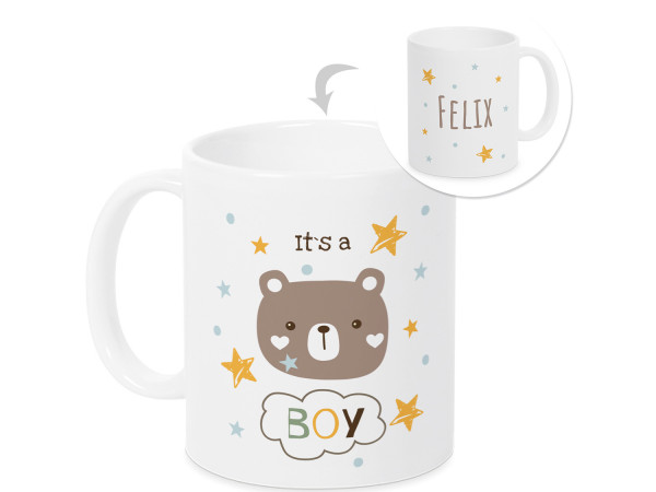 Tasse zur Geburts Its a Boy mit Namen und Sternen