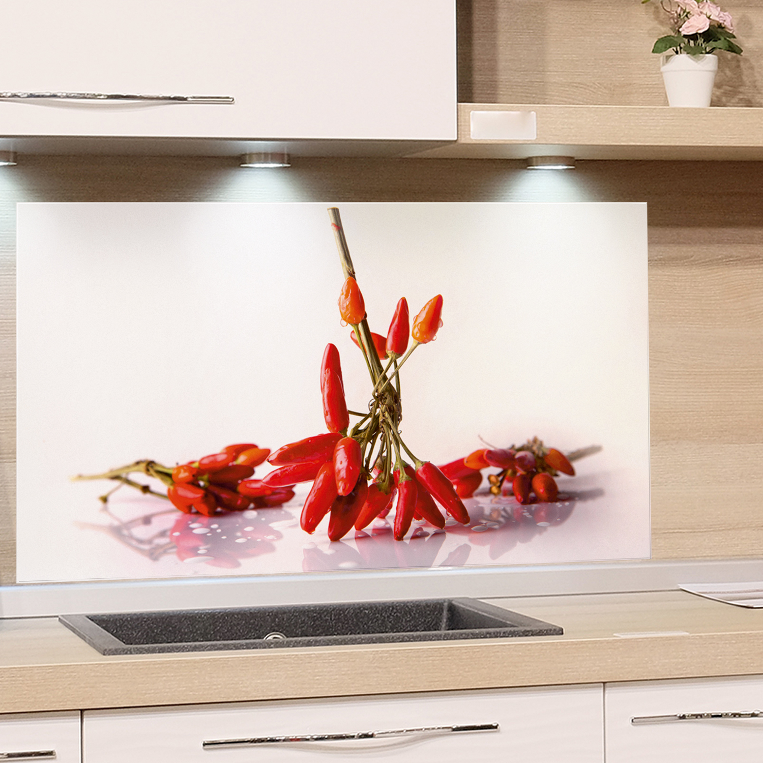 Küchenrückwand aus Glas 100x50cm ESG Spritzschutz Chili Löffel Küche 