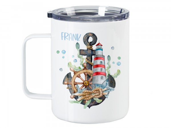 Thermo Tasse Wanderbecher mit Wunschname - Leuchtturm "Happy Sailor"