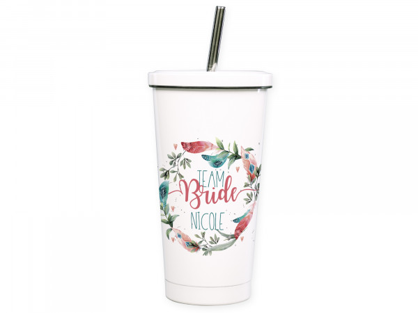 Cocktailbecher Smoothiebecher mit Wunschnamen - Team Bride Blumenkranz