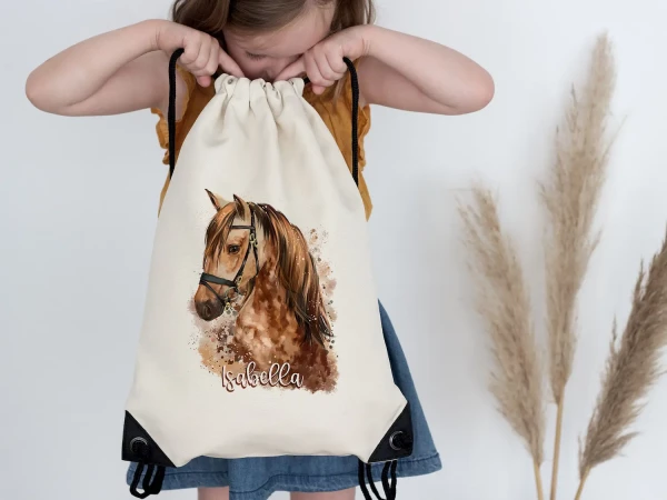 Turnbeutel Kinder personalisiert mit Namen - Pferd - Sportbeutel für Mädchen