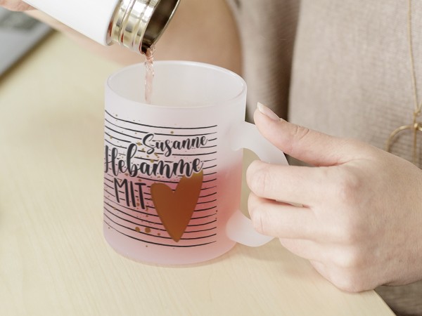 Tasse Hebamme, Hebamme mit Herz Spruch, Dankeschön - Glastasse personalisiert