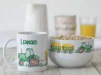 Geschenk-Kinder-Set mit Müslischale & Tasse Traktor Heuwagen