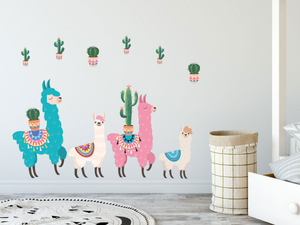 Wandtattoo Set bunte Lamas Kakteen