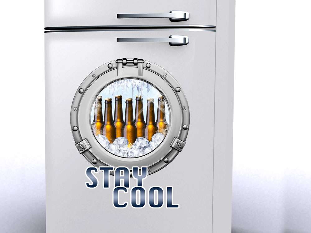 Aufkleber für Kühlschrank Stay Cool Bullauge Bierflaschen