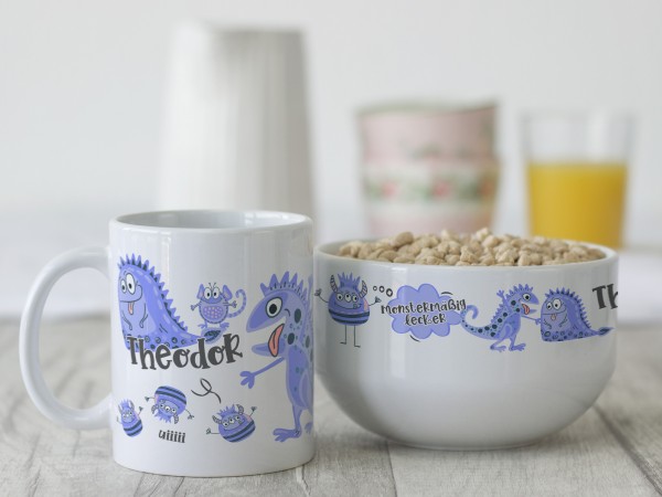 Geschenk-Kinder-Set mit Müslischale und Tasse Monster