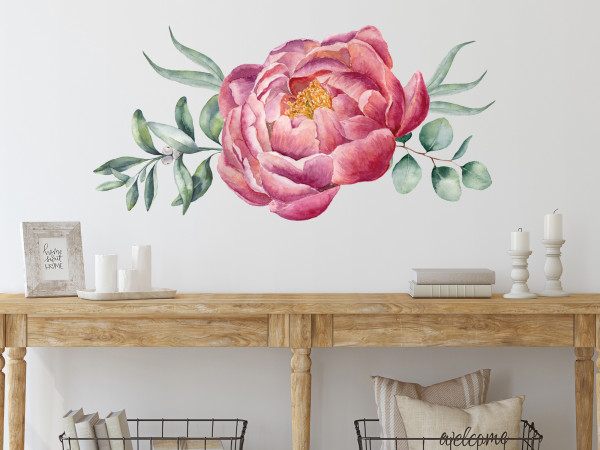 Wandtattoo Pfingstrose Blumen rot - rosa, Wohnzimmer Schlafzimmer Wanddeko