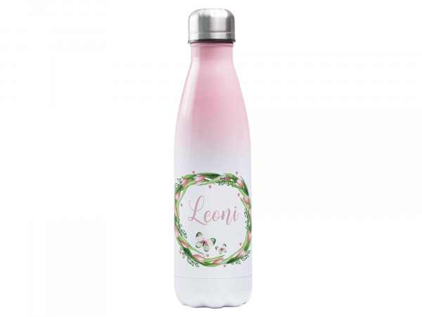 Trinkflasche rosa ♥ personalisiert - Blumenkranz