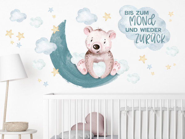 Wandtattoo Kinderzimmer, Bär mit Mond, Sternen und Spruch