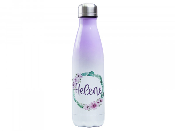 Trinkflasche lila personalisiert - Federkranz mit Blumen