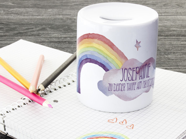 Spardose Taufe Mädchen Personalisiert, Regenbogen - Geschenk Idee