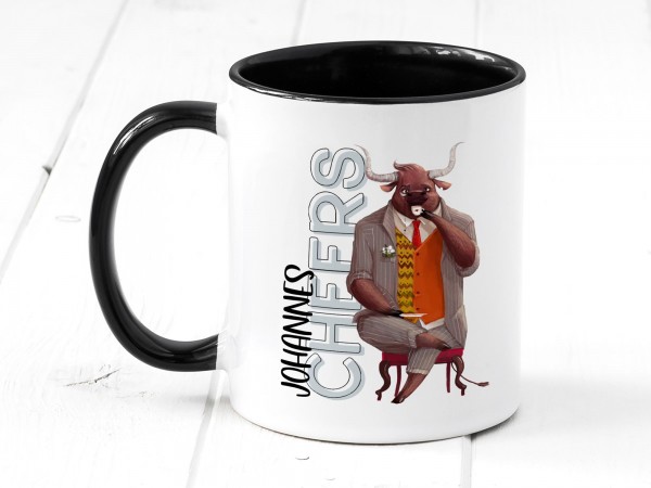 Tasse mit Spruch Cheers, Cartoon-Stier