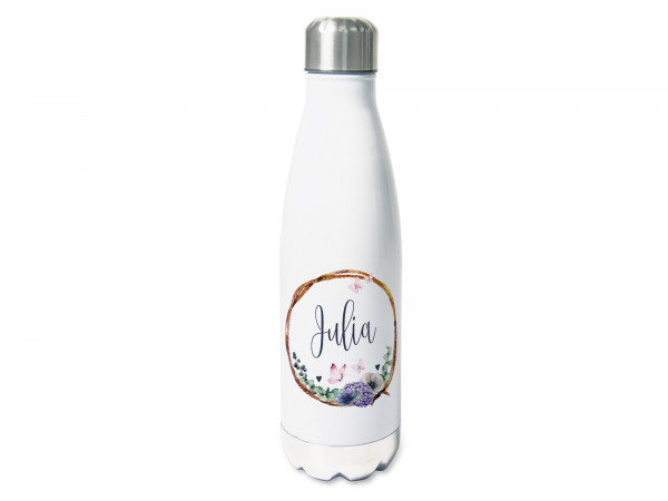 Trinkflasche mit Namen personalisiert mit Blumenkranz