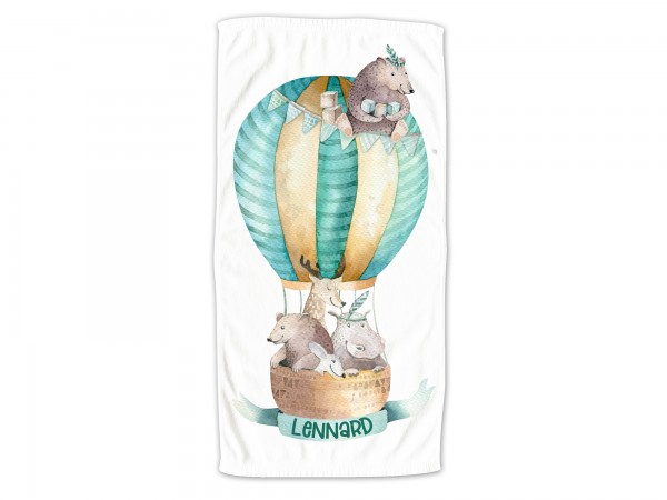 Kinder Handtuch Heißluftballon mit Tieren, mit Wunschname