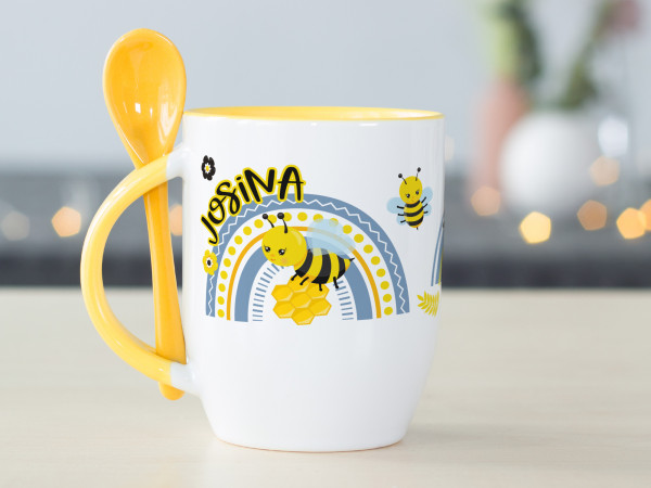 Tasse mit Löffel Name personalisiert und Bienen