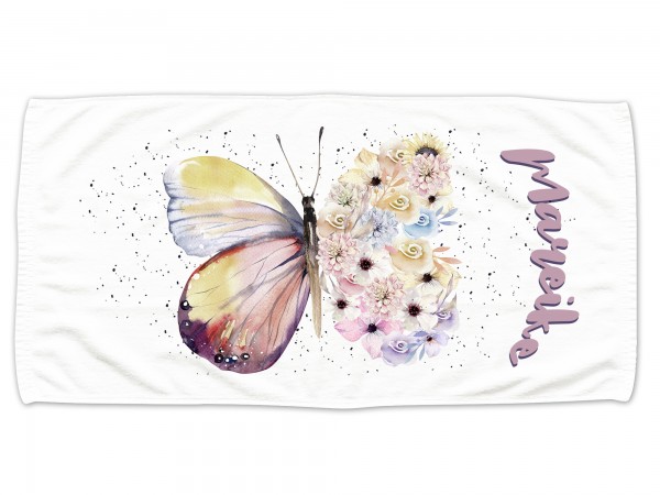 Kinder Handtuch mit Schmetterling Blumen, mit Wunschname