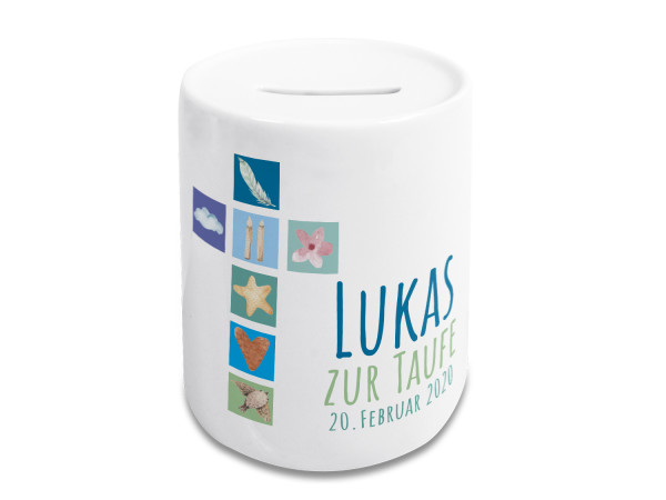 Spardose zur Taufe  Personalisiertes Geschenk mit Kreuz Motiv