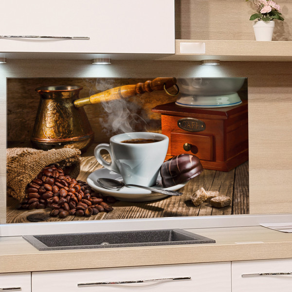 Spritzschutz aus Glas Kaffeetasse Bohnen Mühle alt Beispiel in der Küche Spritzschutz aus Glas Kaffeetasse Bohnen Mühle alt Beispiel in der Küche