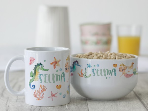 Geschenk-Frühstück-Set mit Müslischale & Tasse Meerjungfrau