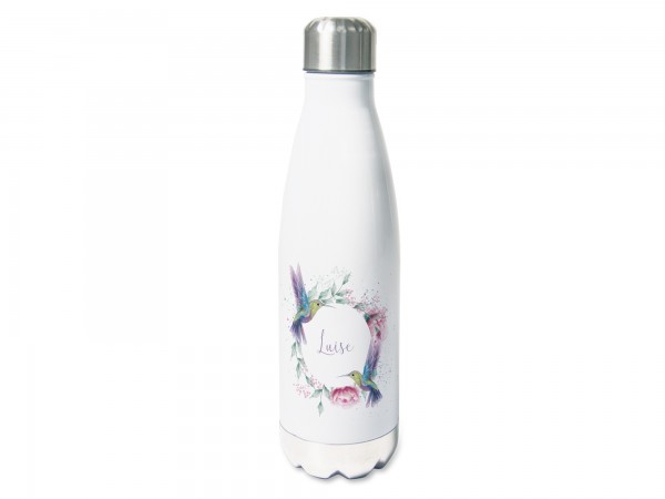 Trinkflasche personalisiert mit Namen, Aquarell Kolibris mit Blumen Kranz