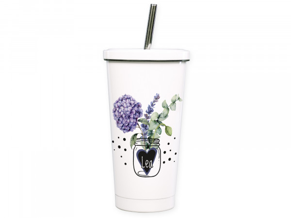 Cocktailbecher To go Becher Trinkbecher mit Trinkhalm, Edelstahl, personalisiert Name Wunschname, Blumen Vase Herz Eukalyptus, Frau Mädchen, Geschenk Idee, Freizeit Büro