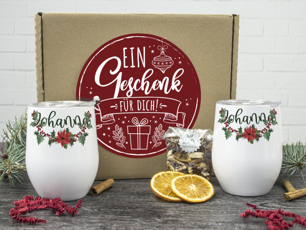 Glühwein Set als Geschenk - zwei Weinbecher personalisiert mit Namen, Weihnachten, floral