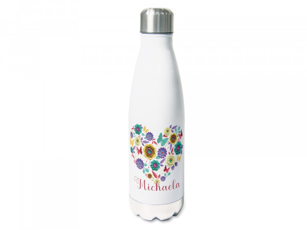 Thermosflasche mit Namen personalisiert Blumenherz