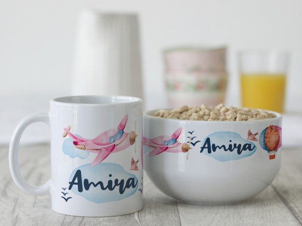 Geschenk-Frühstücksset mit Müslischale & Tasse Flugzeug