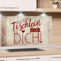Spritzschutz für Herd Spruch Tischlein deck Dich! Beispiel in der Küche