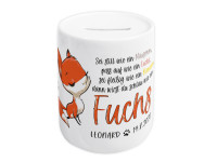 Spardose zur Einschulung personalisiert - Fuchs mit Spruch