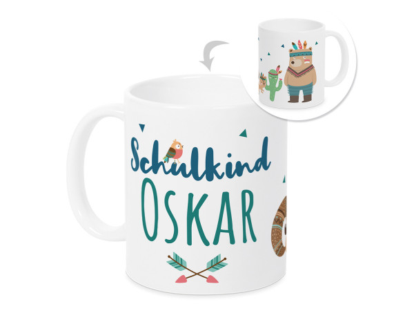 Tasse Einschulung Junge - Schulkind Indianerbär - personalisiertes Geschenk