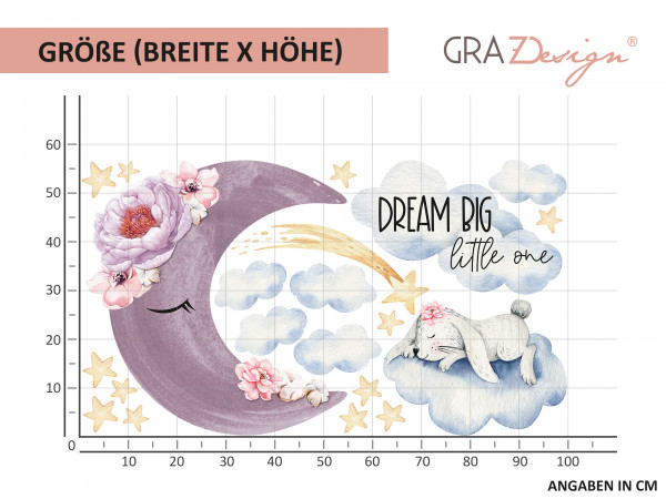 Wandtattoo Kinderzimmer, Hase im Himmel mit Mond und Spruch