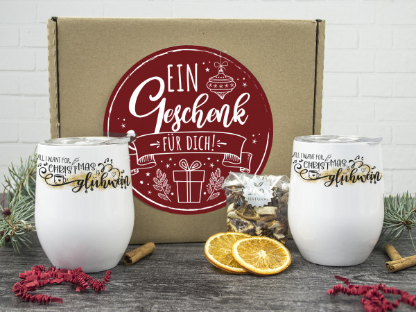 Glühwein Set als Geschenk, zwei Weinbecher mit Spruch "All I want for christmas is Glühwein",Tumbler