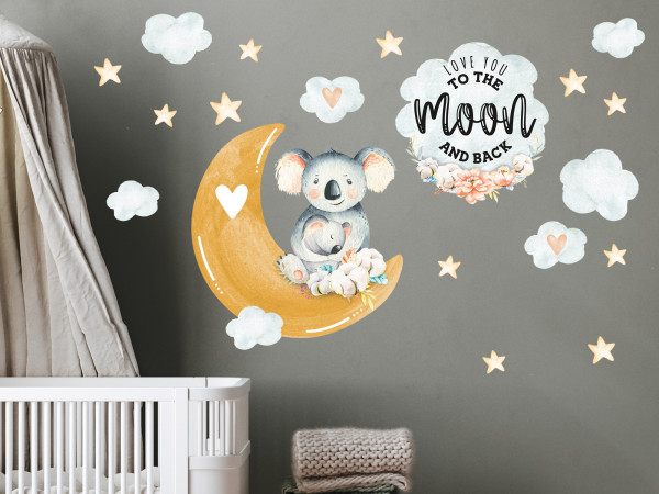 Wandtattoo Kinderzimmer, Koalas mit Mond, Sternen und Spruch