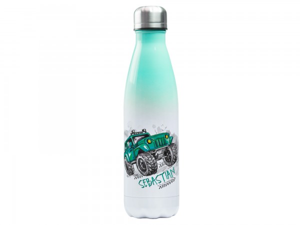 Trinkflasche mintgrün mit Wunschname - Monstertruck