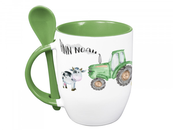 Tasse mit Löffel personalisiert mit Namen und Trecker