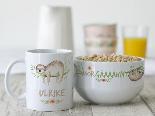 Geschenk-Set mit Müslischale & Tasse Faultier Morgäääähn