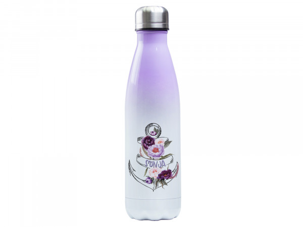 Trinkflasche lila personalisiert - Anker mit Blumen