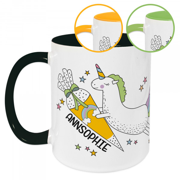 Tasse Kinder Einschulung, Wunschname und Datum, Einhorn mit Spruch