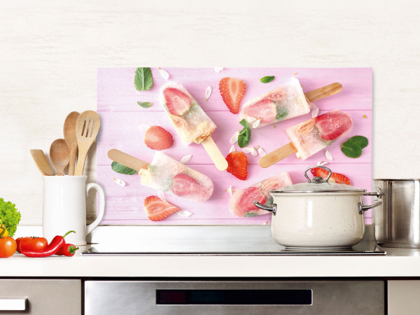 Spritzschutz Küche Glas Eis am Stiel, Erdbeeren Spritzschutz Küche Glas Eis am Stiel, Erdbeeren