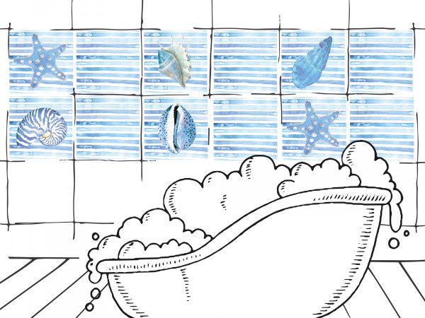 Fliesenaufkleber für Bad mit Muscheln und Streifen | 12 Fliesen im Set