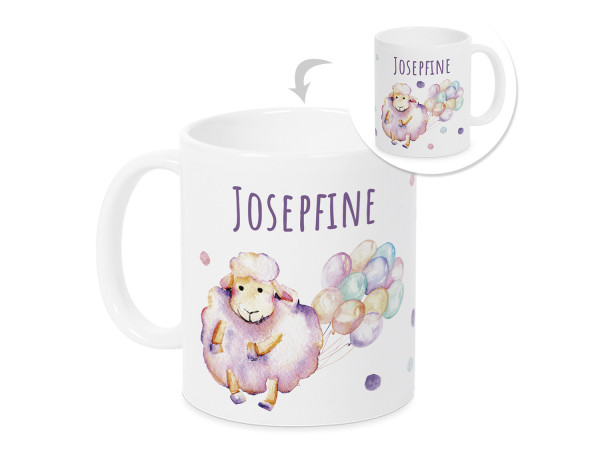 Tasse mit Namen Kinder, personalisiertes Geschenk Weihnachten Geburtstag, als Geschenkidee, Becher, Schaf mit Luftballons