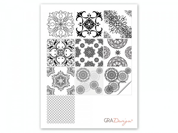 Fliesenaufkleber Set Mandala schwarz weiß